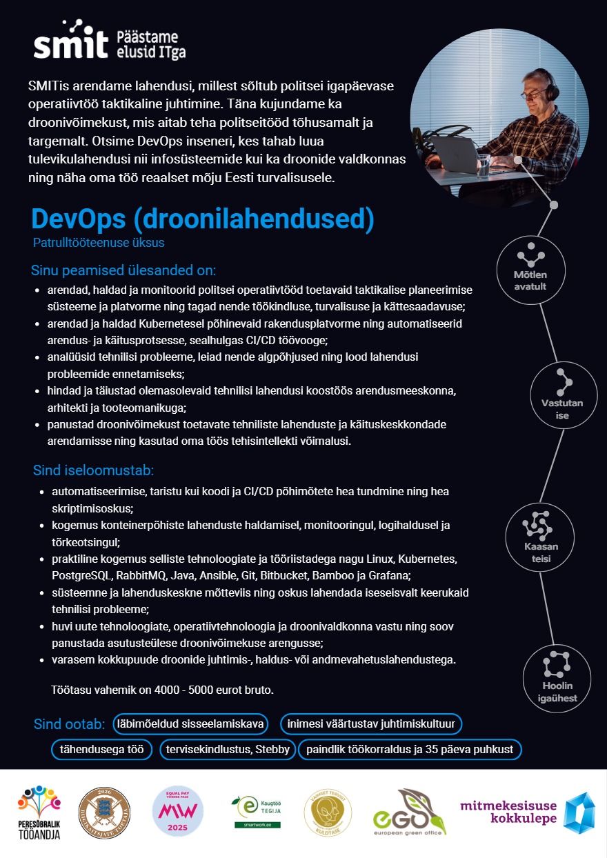 Tööpakkumise DevOps insener (droonilahendused) kirjeldus