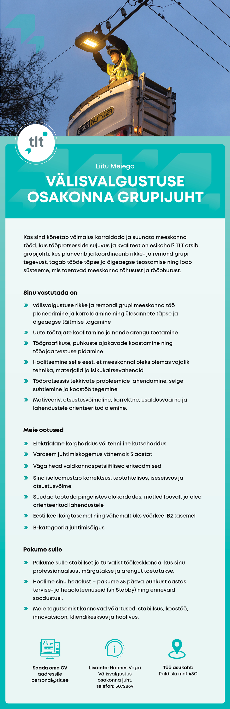 Tööpakkumise Välisvalgustuse osakonna grupijuht kirjeldus