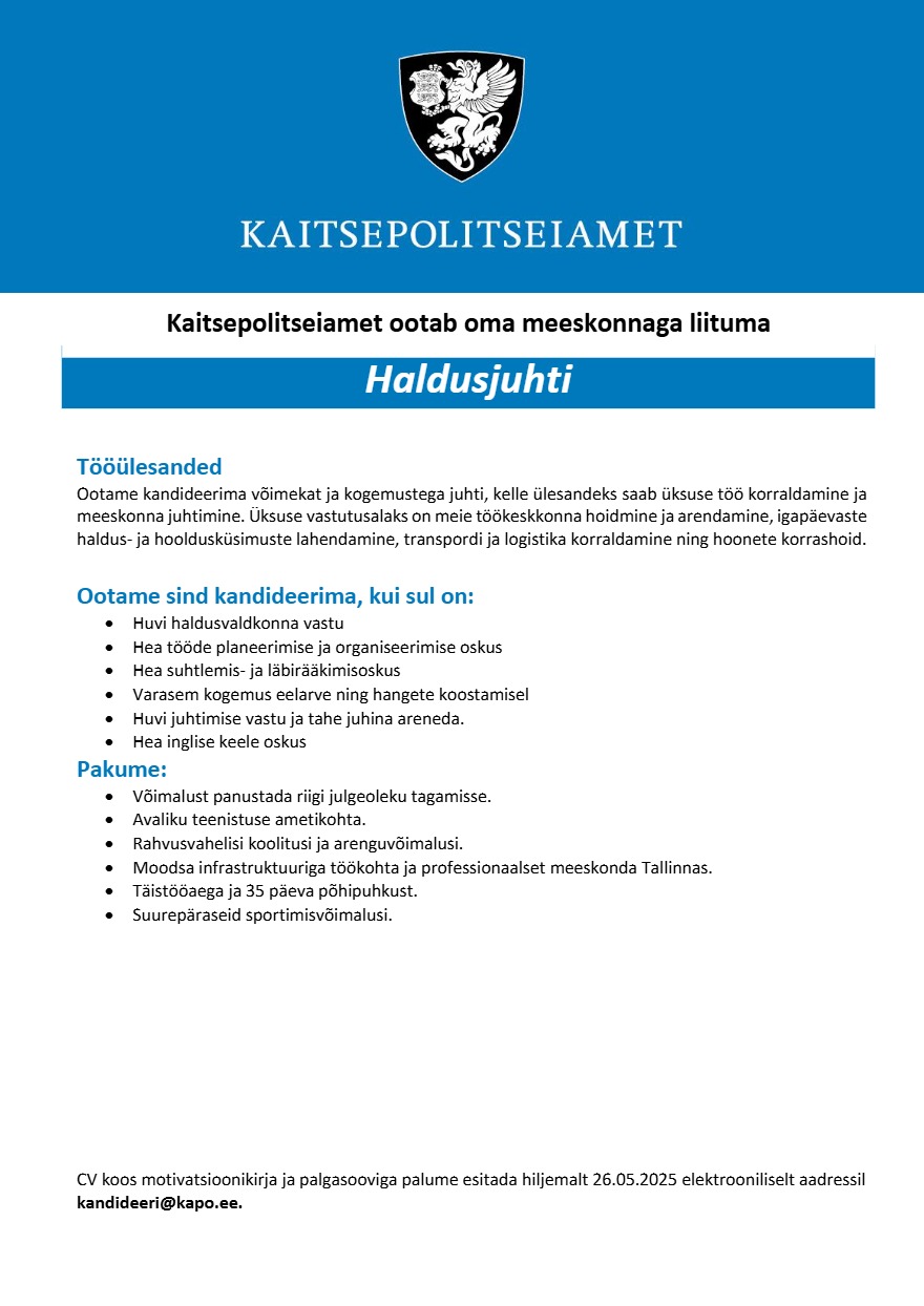 Tööpakkumise Haldusjuht kirjeldus