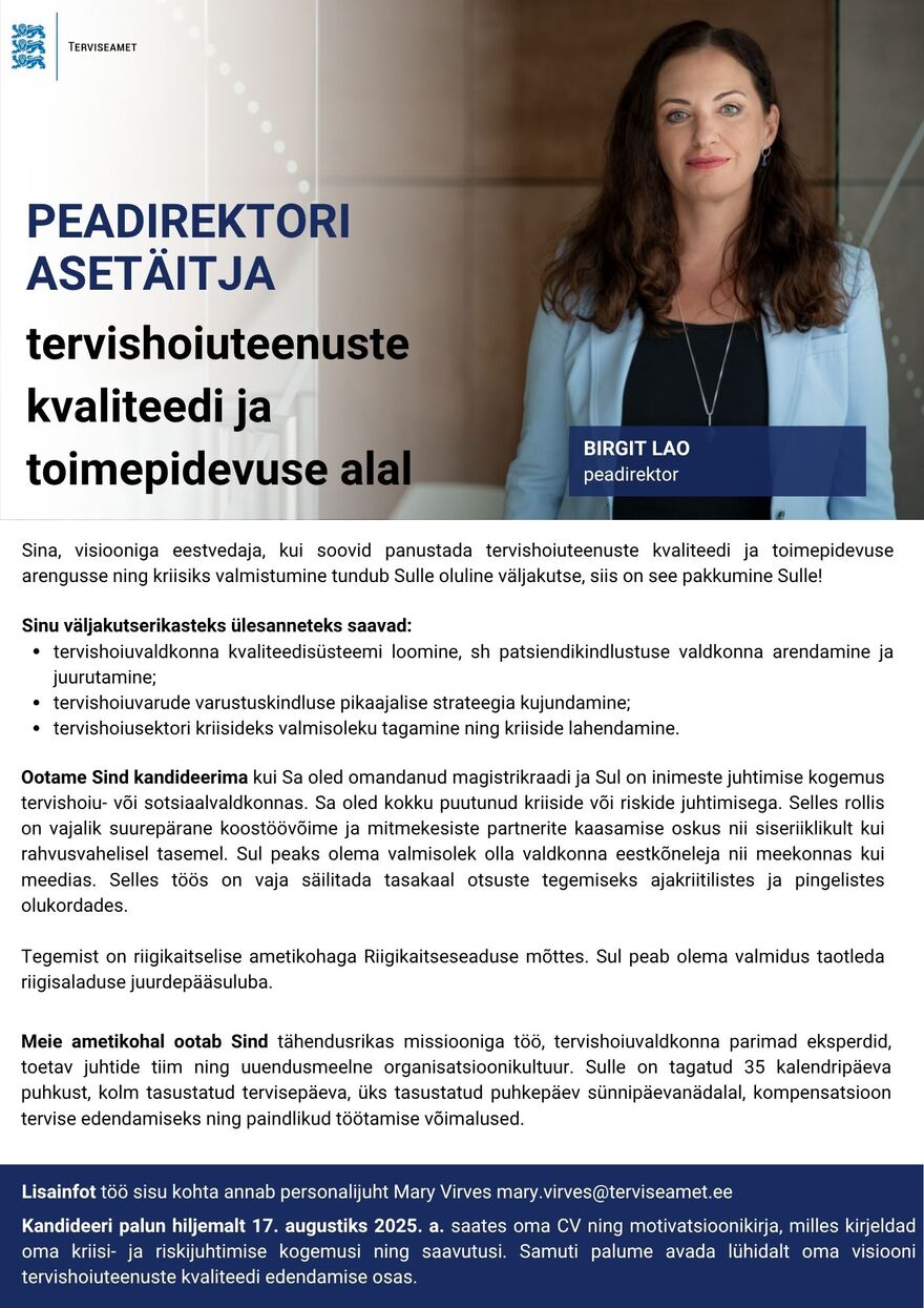 Tööpakkumise Peadirektori asetäitja tervishoiuteenuste kvaliteedi ja toimepidevuse alal kirjeldus