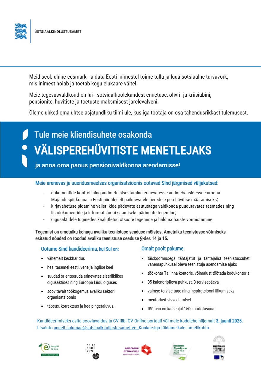 Tööpakkumise Välisperehüvitiste menetleja kirjeldus