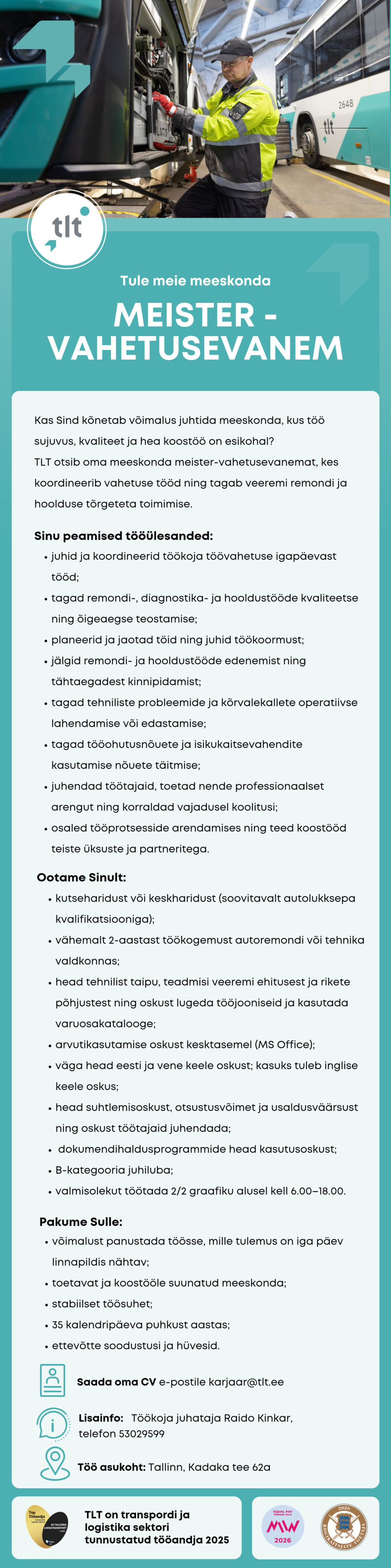 Tööpakkumise MEISTER-VAHETUSEVANEM kirjeldus