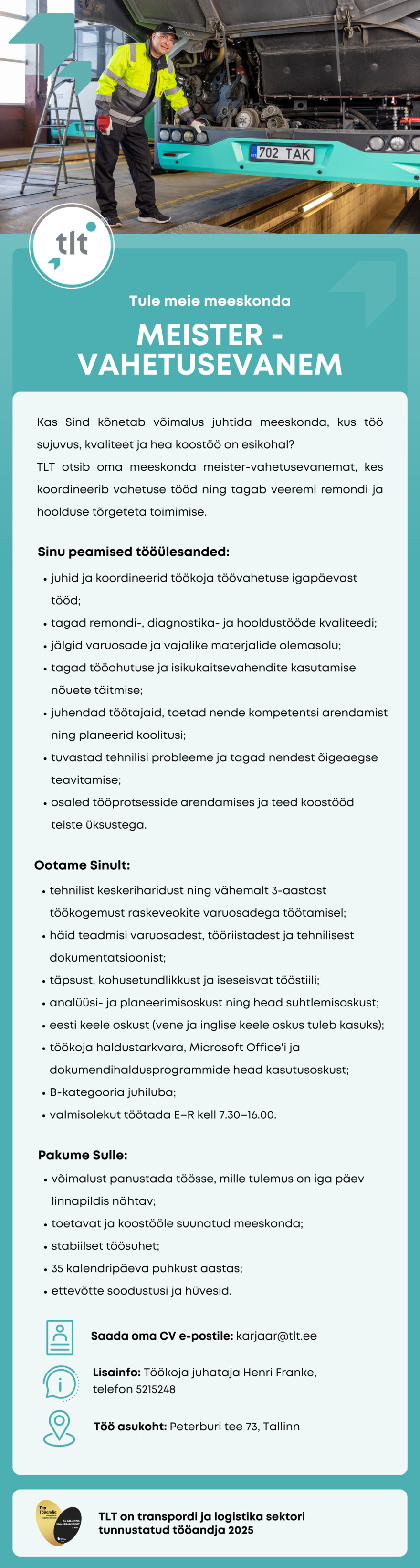Tööpakkumise MEISTER-VAHETUSEVANEM kirjeldus