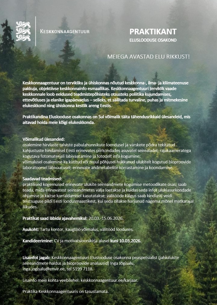 Tööpakkumise PRAKTIKANT (Eluslooduse osakond, ulukiseire) kirjeldus