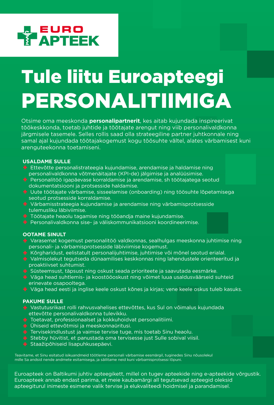 Tööpakkumise Personalipartner kirjeldus
