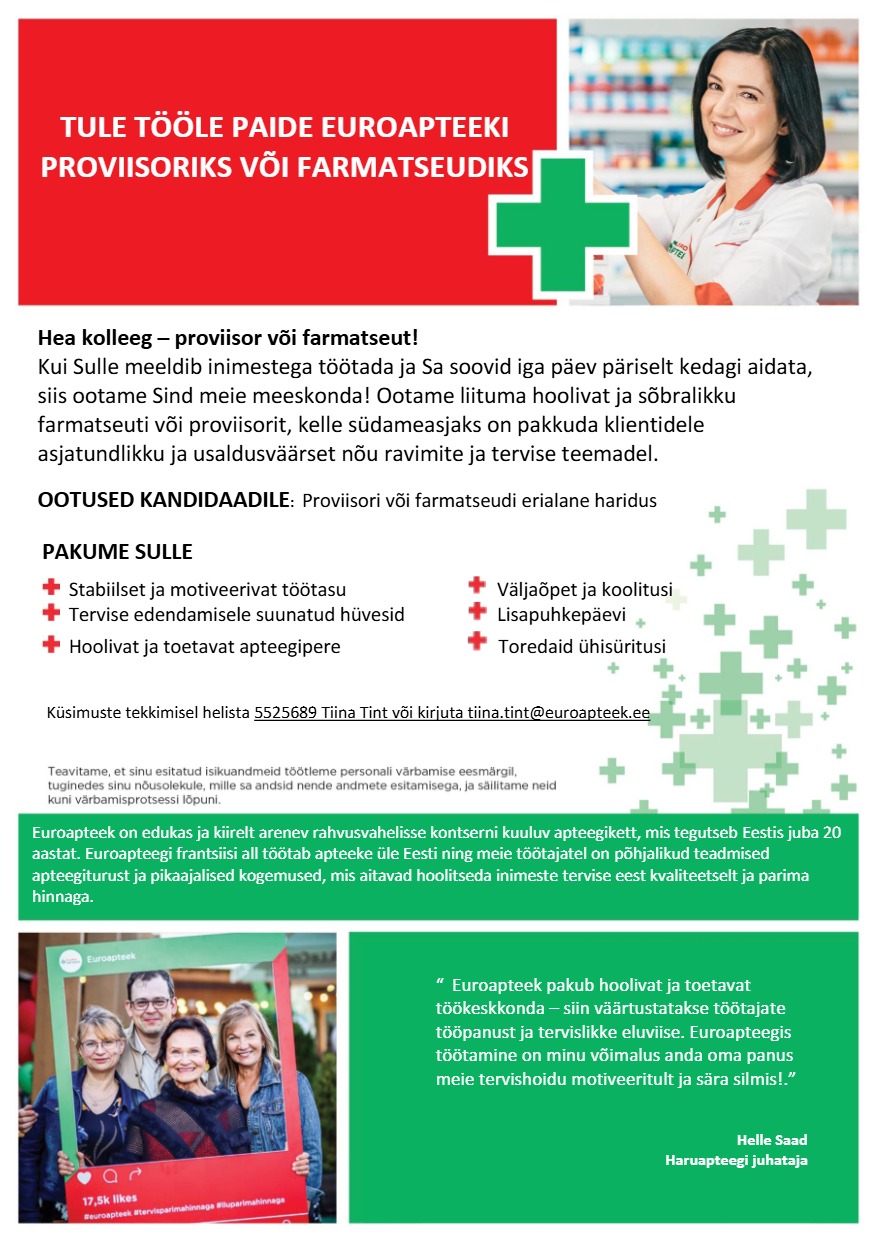Tööpakkumise Proviisor või farmatseut Paide Euroapteeki kirjeldus