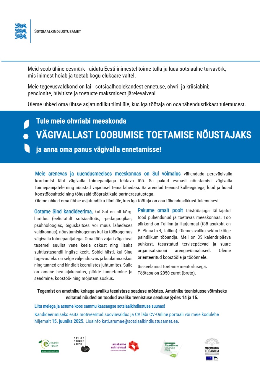 Tööpakkumise Vägivallast loobumise toetamise nõustaja kirjeldus