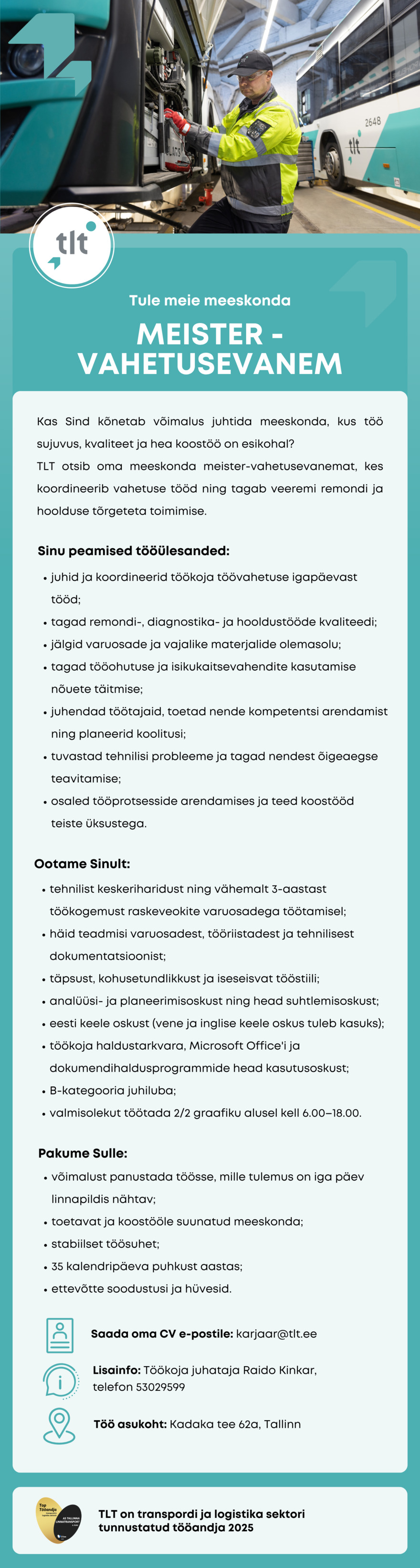 Tööpakkumise MEISTER-VAHETUSEVANEM kirjeldus