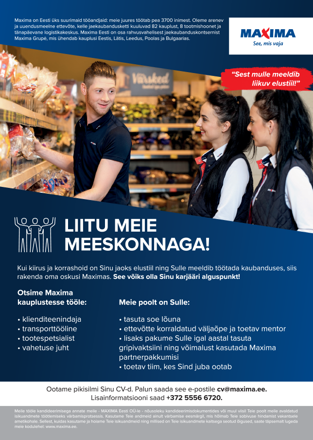 Tööpakkumise Kaupluse töötajad Lasnamäe Maximas, Paepargi 57 kirjeldus