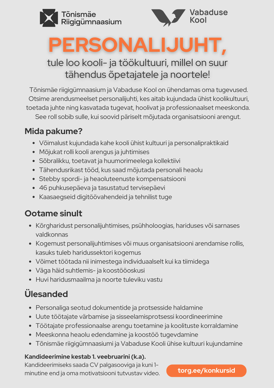 Tööpakkumise Personalijuht kirjeldus