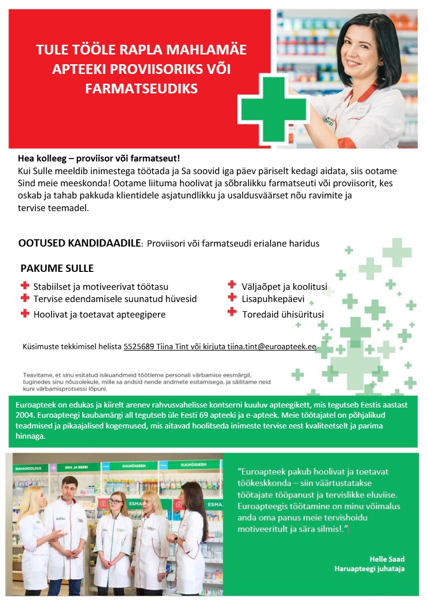 Tööpakkumise Rapla Mahlamäe apteegi proviisor/farmatseut kirjeldus