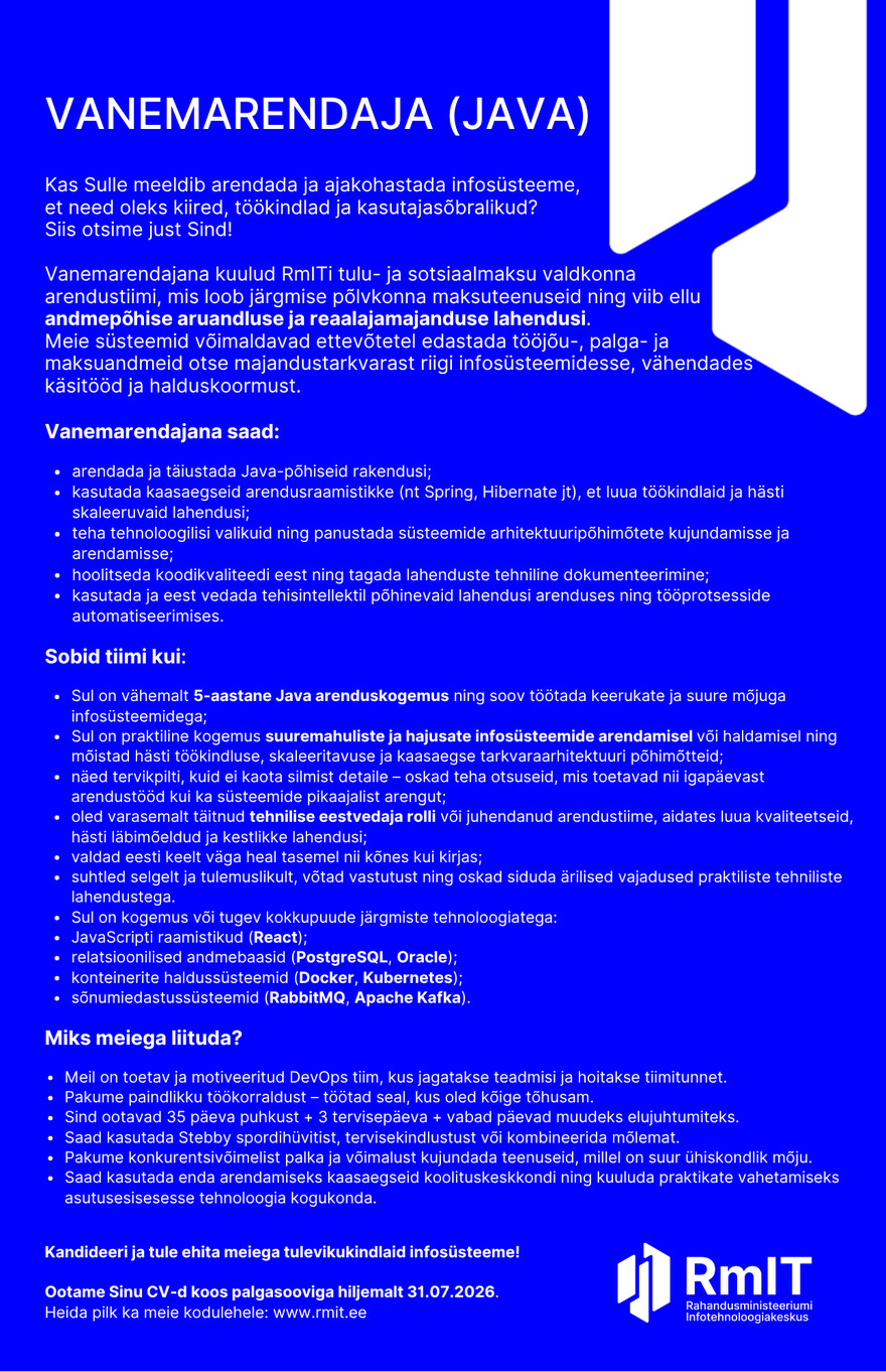 Tööpakkumise Vanemarendaja (Java) kirjeldus