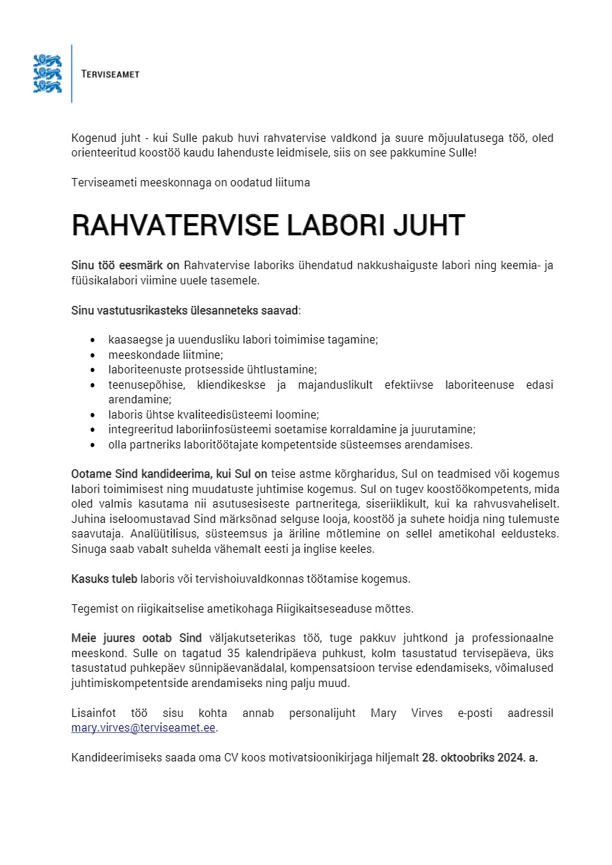 Tööpakkumise Rahvatervise labori juht kirjeldus