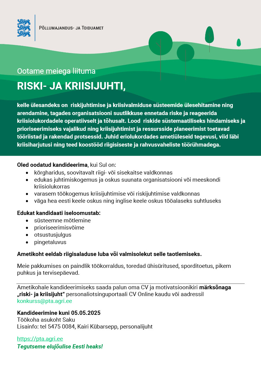 Tööpakkumise Riski- ja kriisijuht kirjeldus