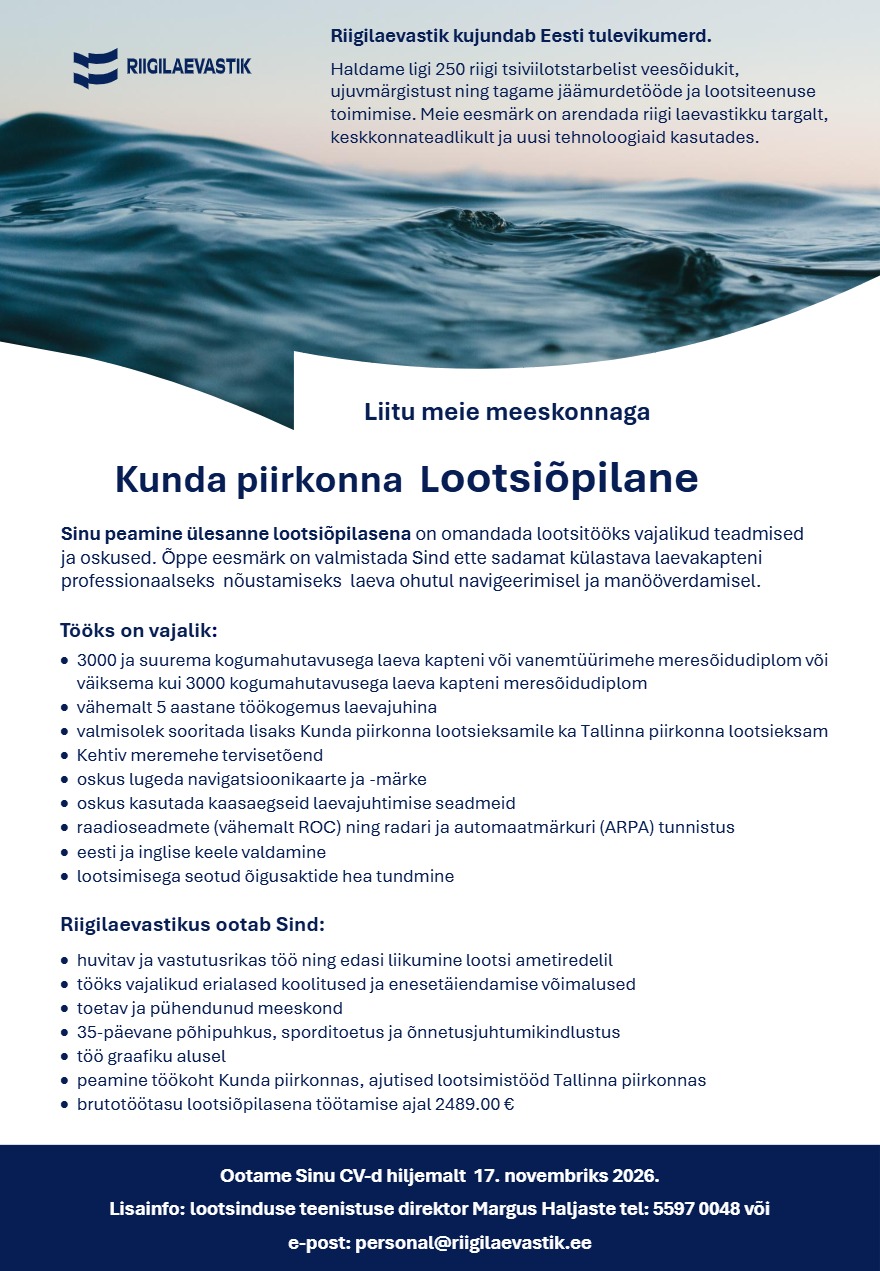 Tööpakkumise Lootsiõpilane Kunda kirjeldus