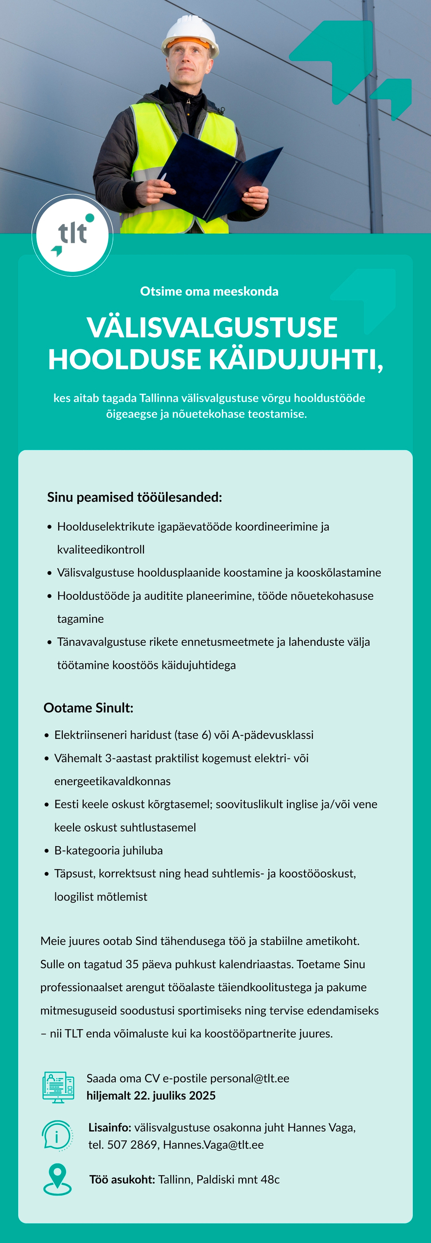 Tööpakkumise Välisvalgustuse hoolduse käidujuht kirjeldus