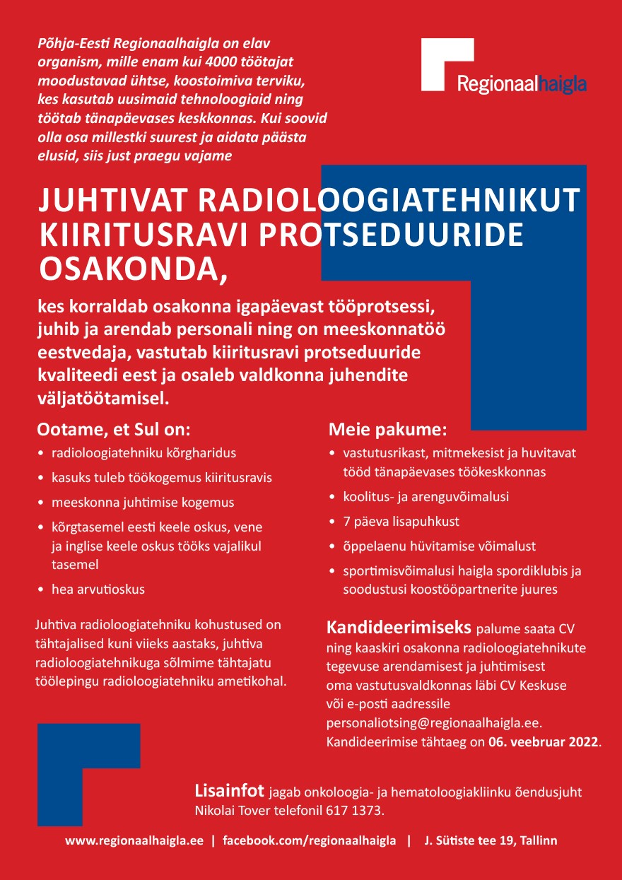 Tööpakkumise Juhtiv radioloogiatehnik kiiritusravi protseduuride osakonda kirjeldus