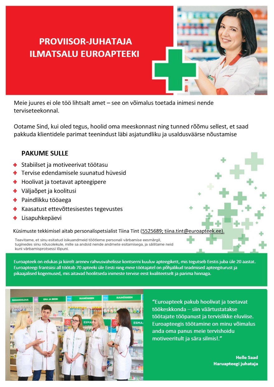 Tööpakkumise Ilmatsalu Euroapteegi proviisor-juhataja kirjeldus