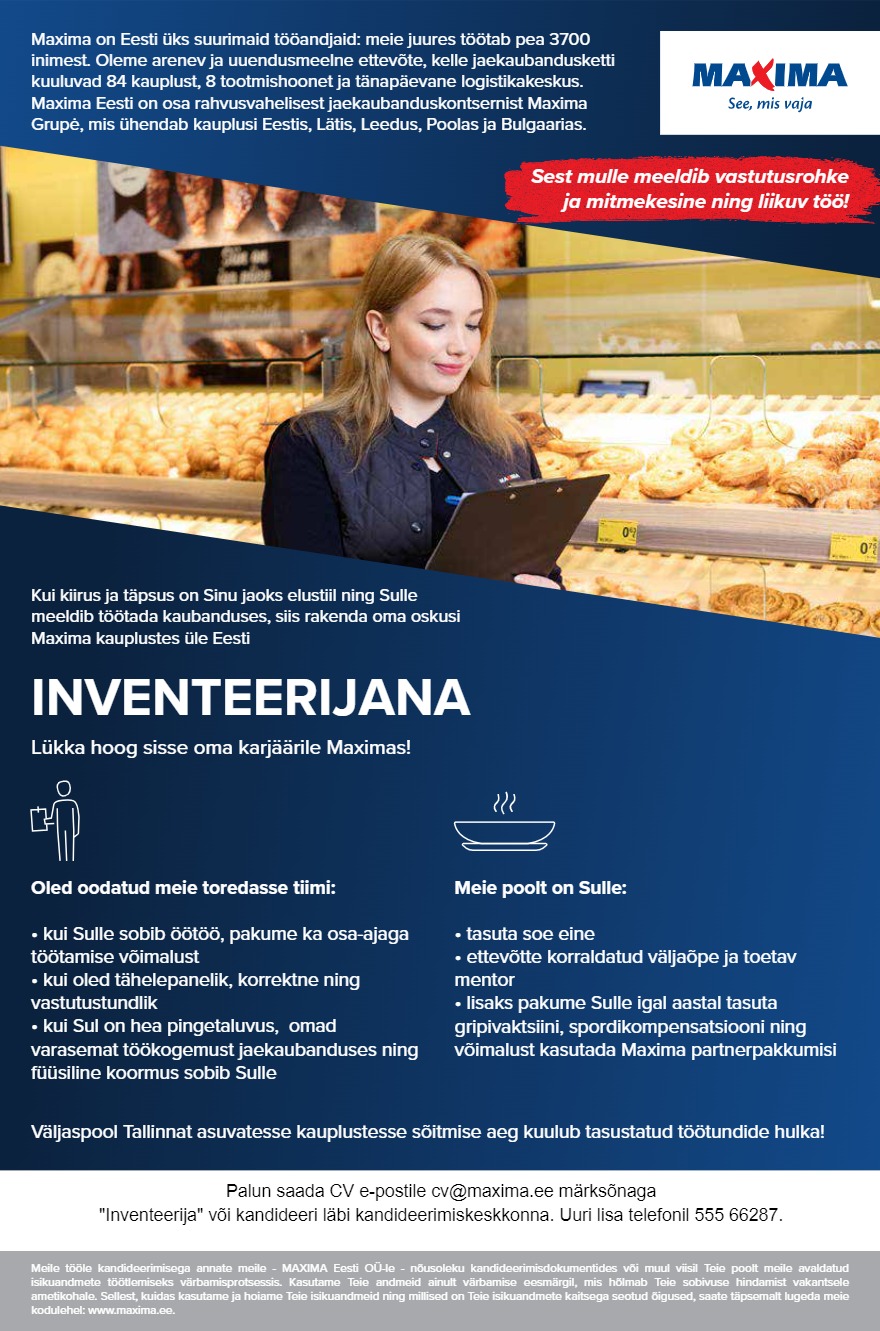 Tööpakkumise Inventeerija Tallinna piirkonnas kirjeldus