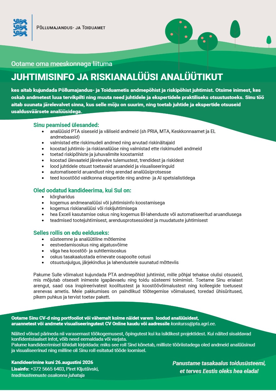 Tööpakkumise Juhtimisinfo ja riskianalüüsi analüütik kirjeldus