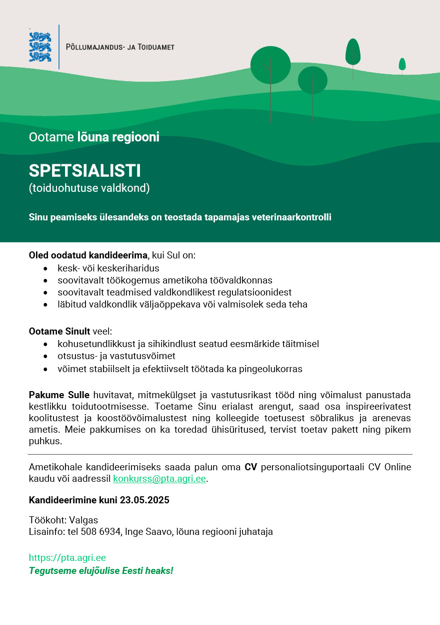 Tööpakkumise Lõuna regiooni spetsialist kirjeldus