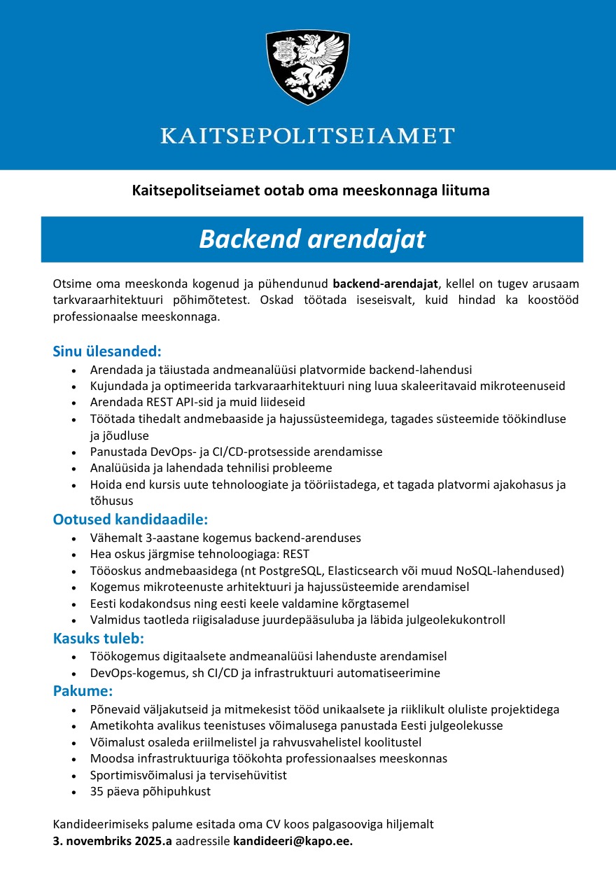 Tööpakkumise Backend arendaja kirjeldus