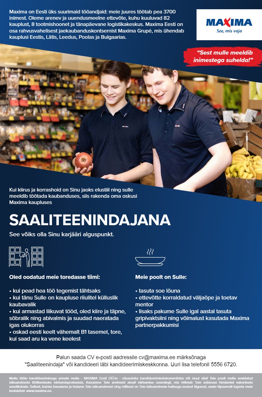 Tööpakkumise Saaliteenindaja Pärnu Maximas (Riia mnt 131) kirjeldus