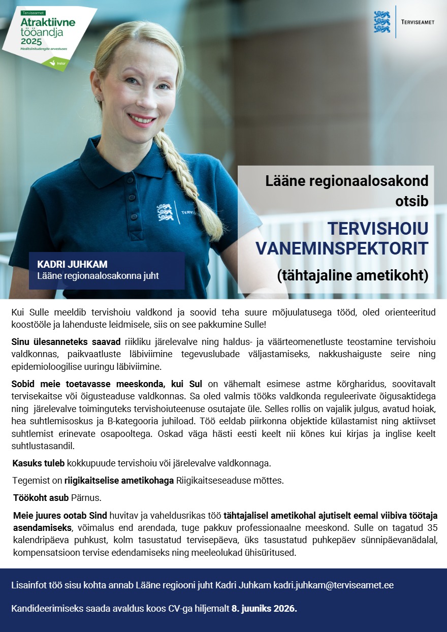 Tööpakkumise Lääne regiooni tervishoiu vaneminspektor kirjeldus