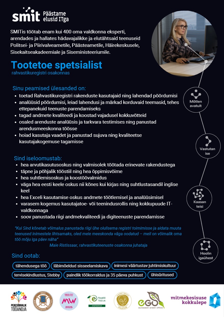 Tööpakkumise Tootetoe spetsialist kirjeldus