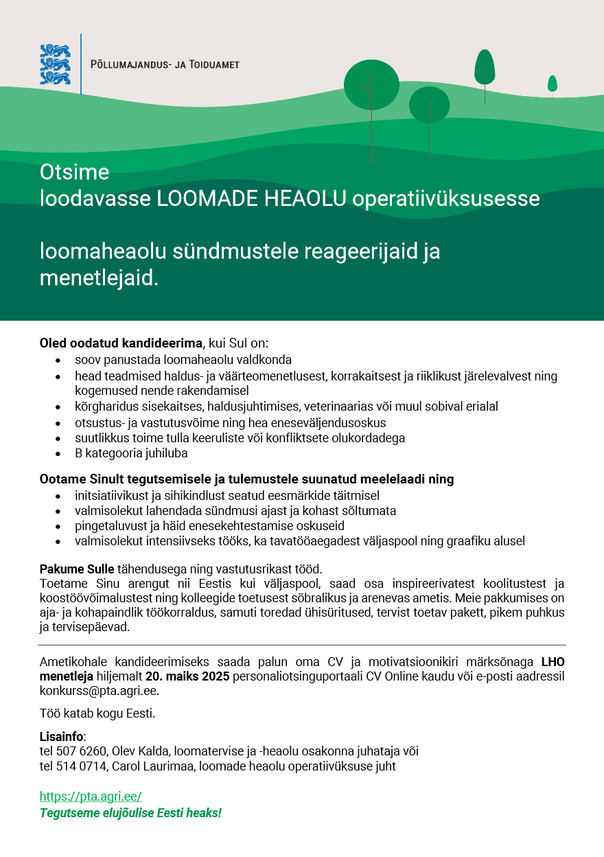 Tööpakkumise Loomade heaolu operatiivüksuse menetleja kirjeldus