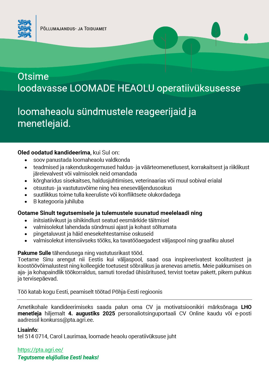 Tööpakkumise Loomade heaolu operatiivüksuse menetleja kirjeldus