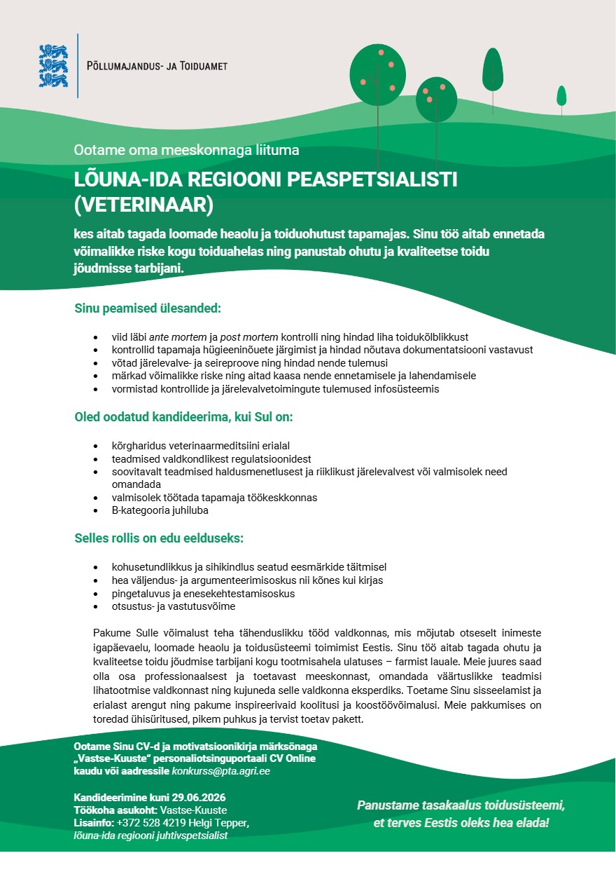 Tööpakkumise Lõuna-ida regiooni peaspetsialist kirjeldus