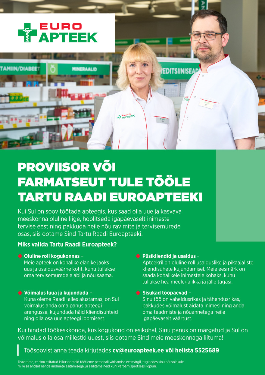 Tööpakkumise Tartu Raadi apteegi proviisor/farmatseut kirjeldus