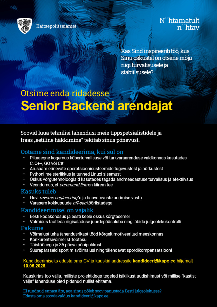 Tööpakkumise Senior Backend arendaja kirjeldus