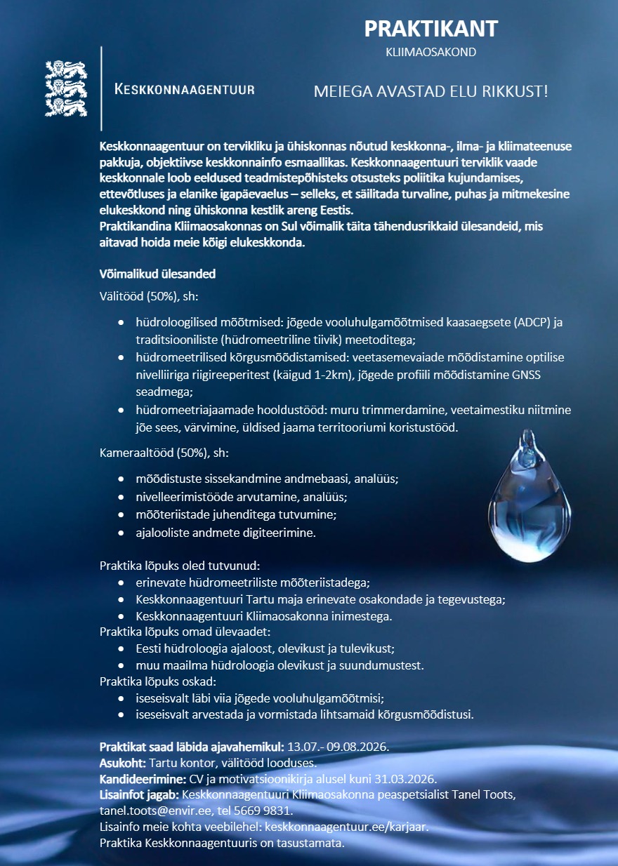 Tööpakkumise PRAKTIKANT (Kliimaosakond, hüdroloogia) kirjeldus