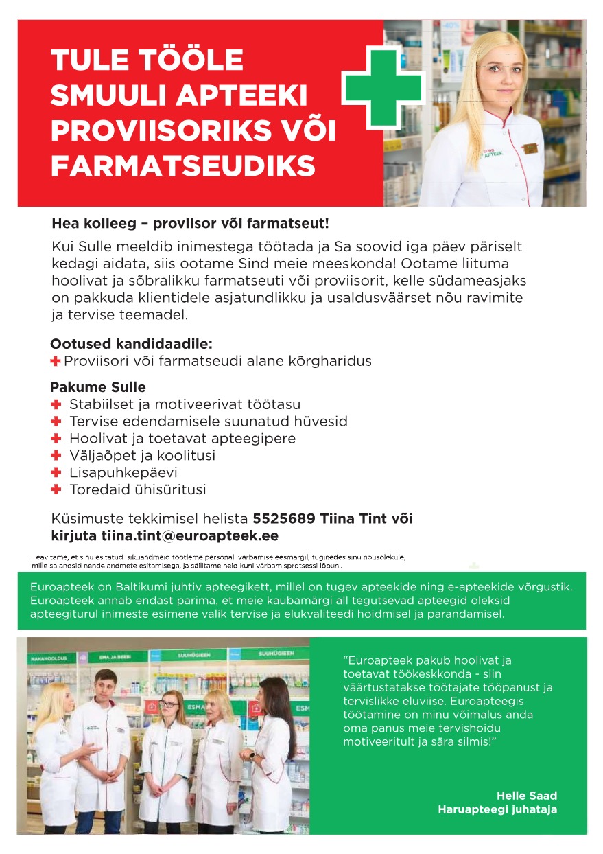 Tööpakkumise Smuuli Apteegi proviisor/farmatseut kirjeldus