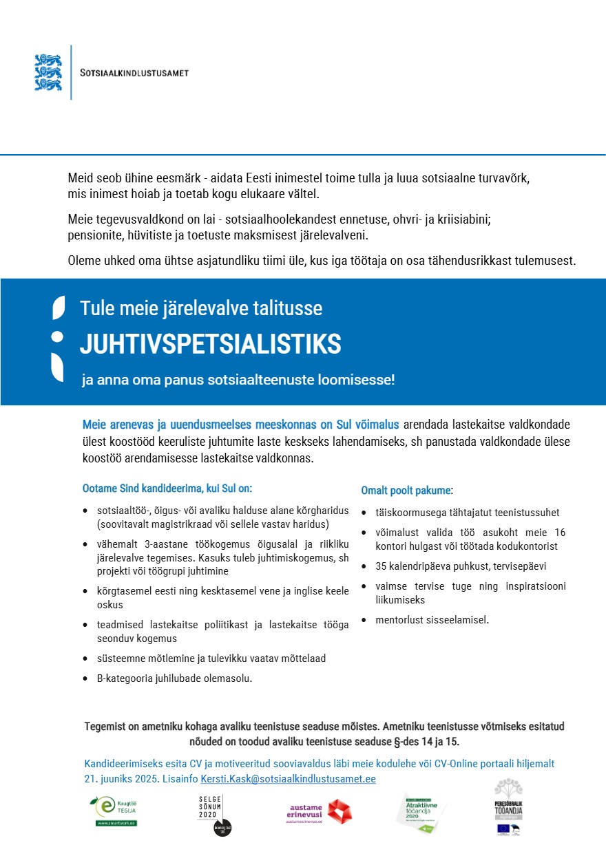 Tööpakkumise Juhtivspetsialist kirjeldus