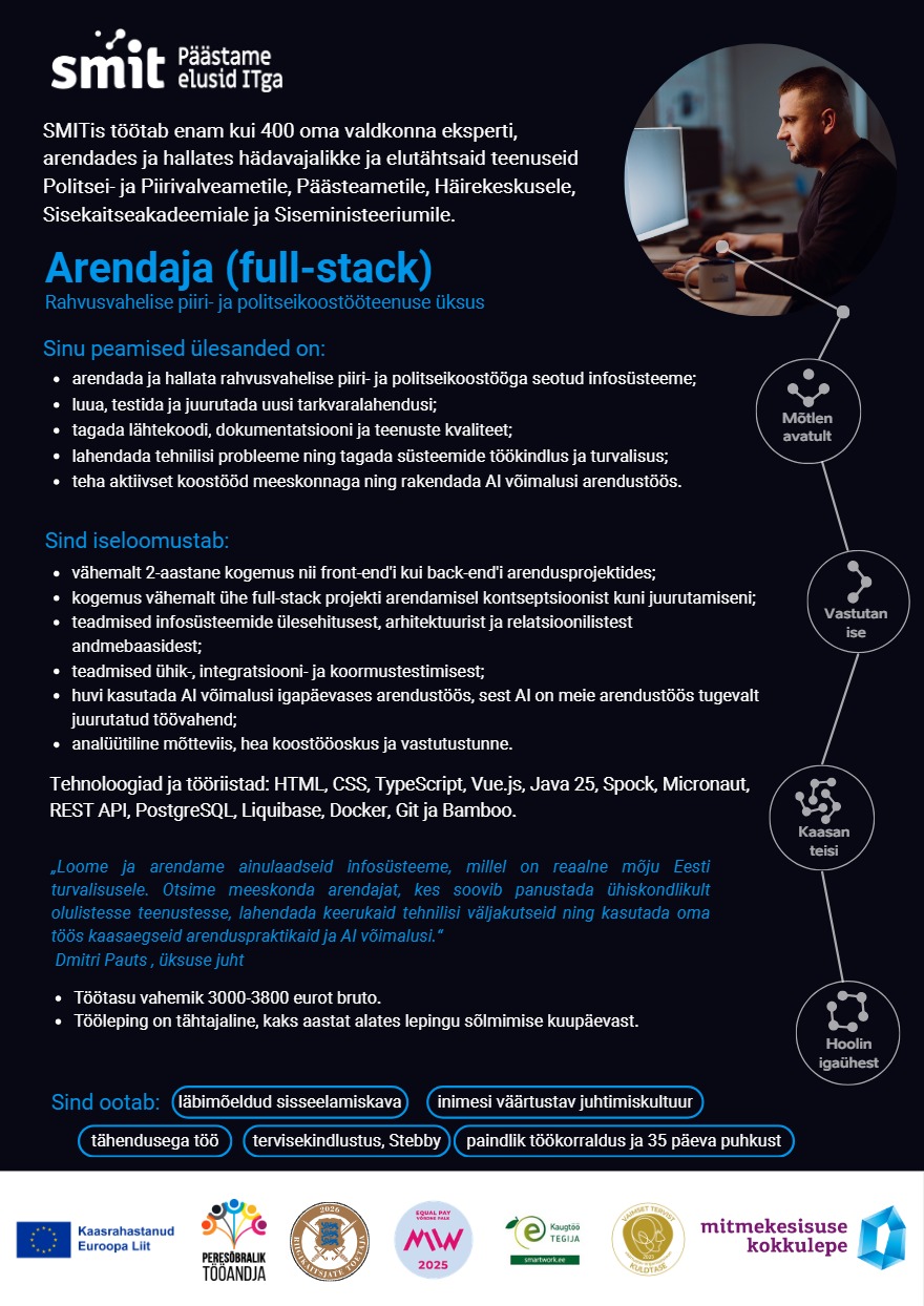Tööpakkumise Arendaja (full-stack) kirjeldus
