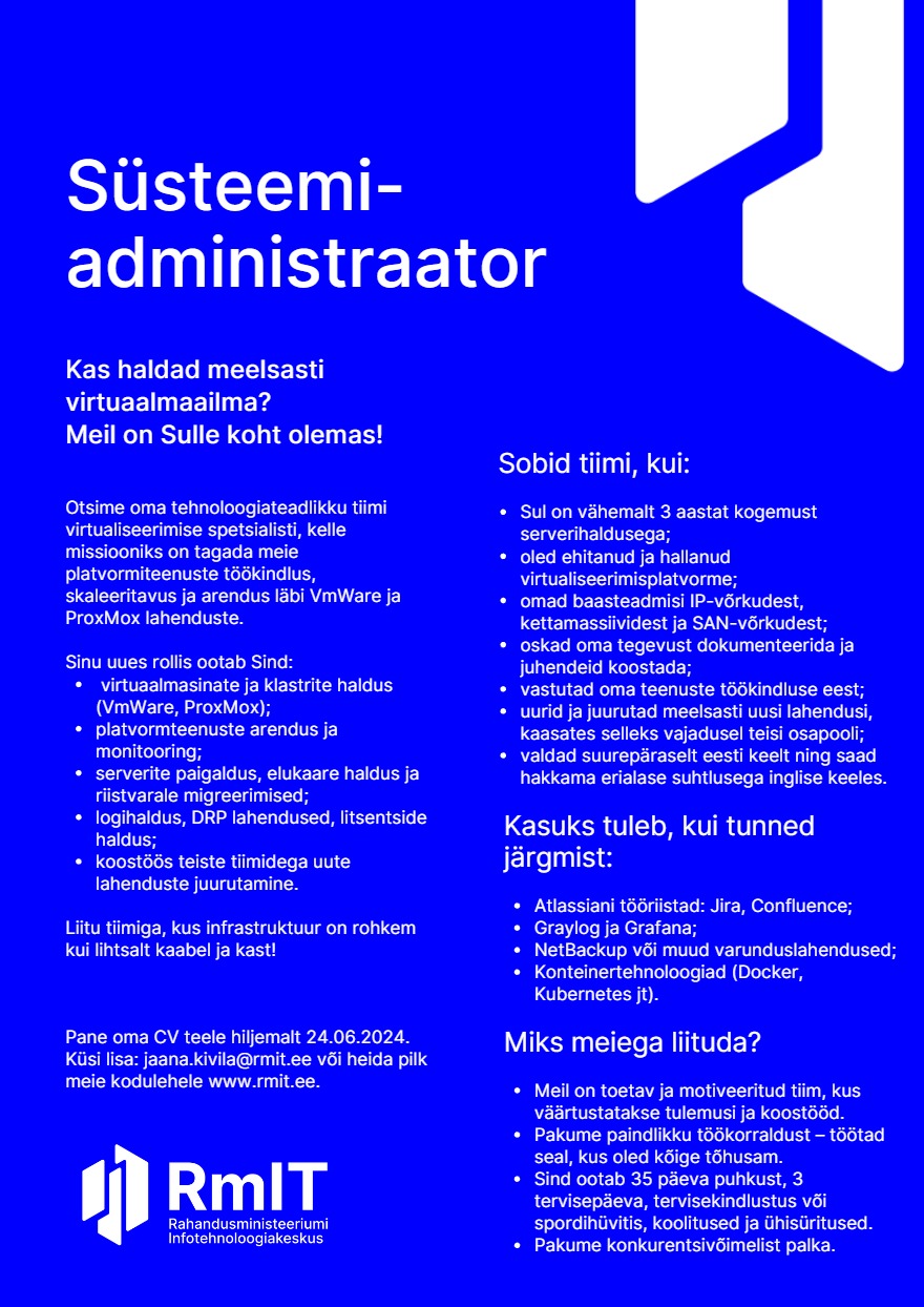Tööpakkumise Süsteemiadministraator kirjeldus