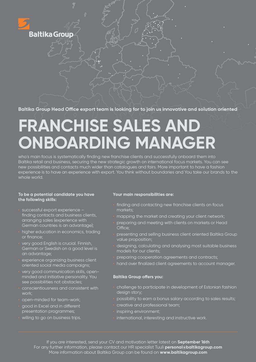Tööpakkumise Franchise Sales and Onboarding Manager kirjeldus