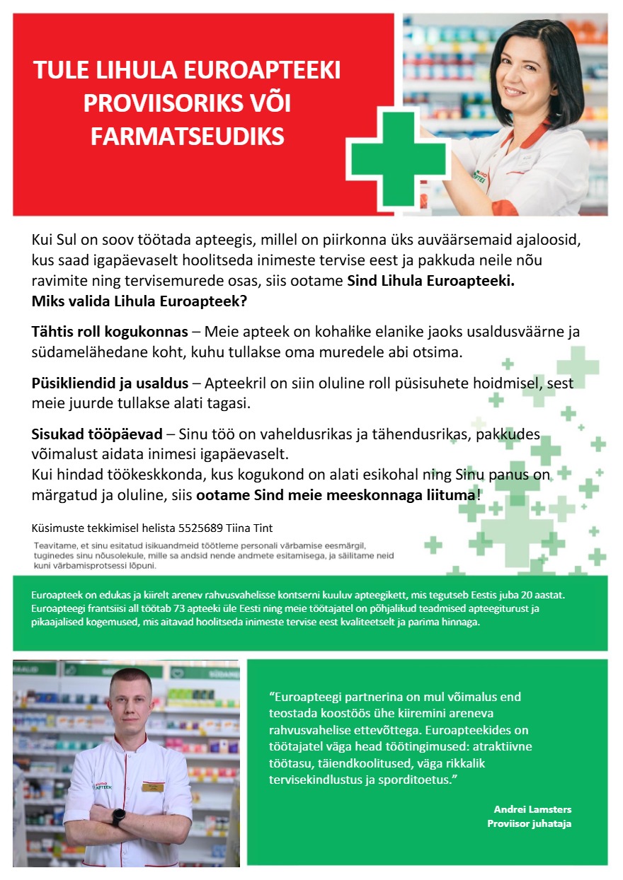 Tööpakkumise Proviisor või farmatseut Lihula Euroapteeki kirjeldus