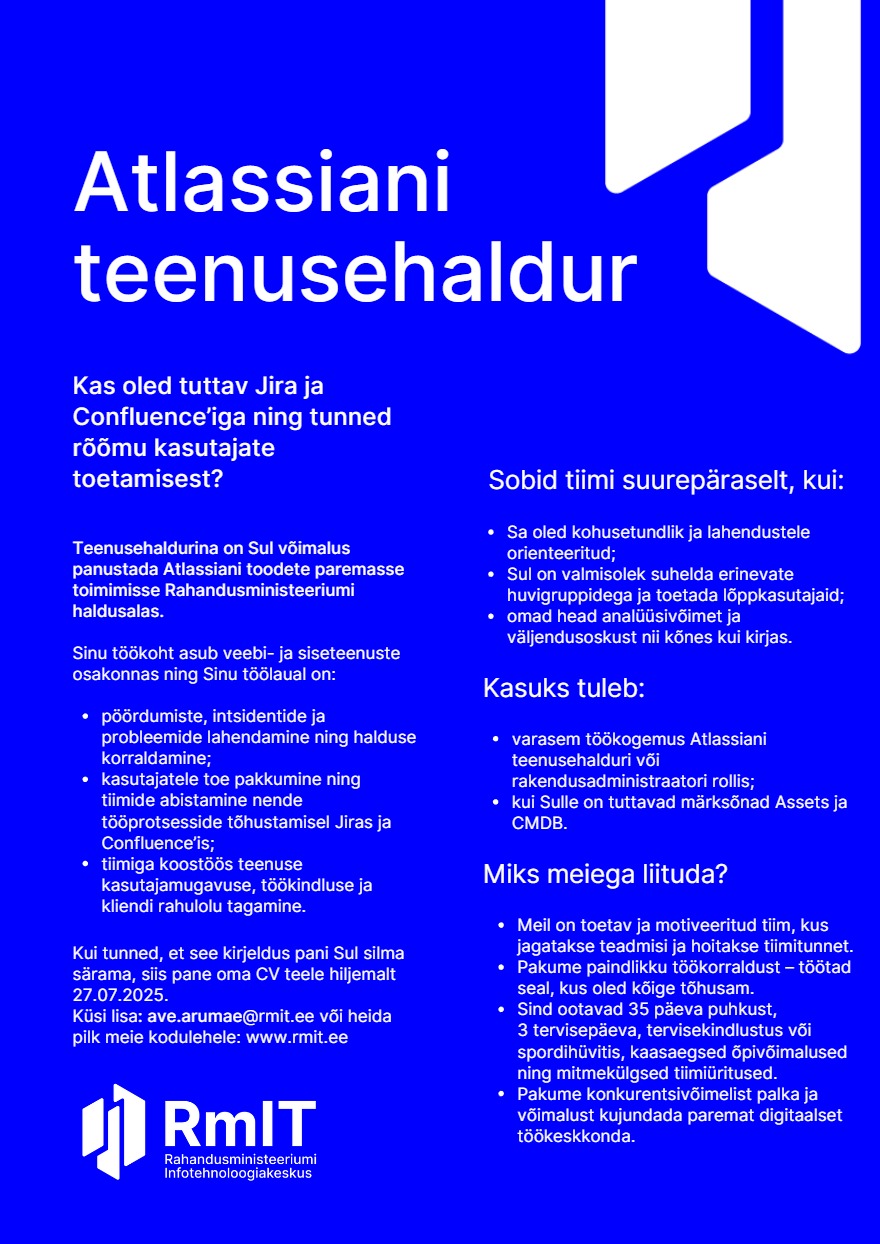 Tööpakkumise Atlassiani teenusehaldur kirjeldus