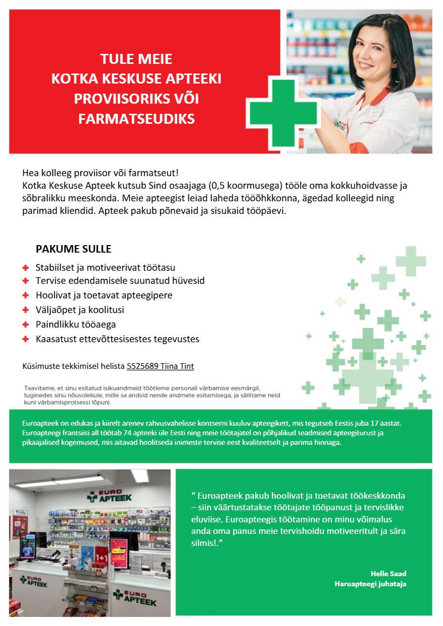 Tööpakkumise Kotka Keskuse Apteegi proviisor või farmatseut kirjeldus