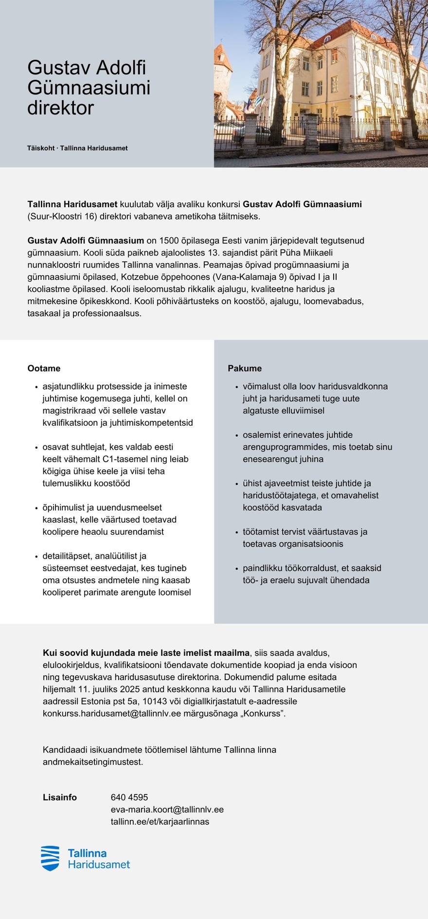 Tööpakkumise Gustav Adolfi Gümnaasiumi direktor kirjeldus