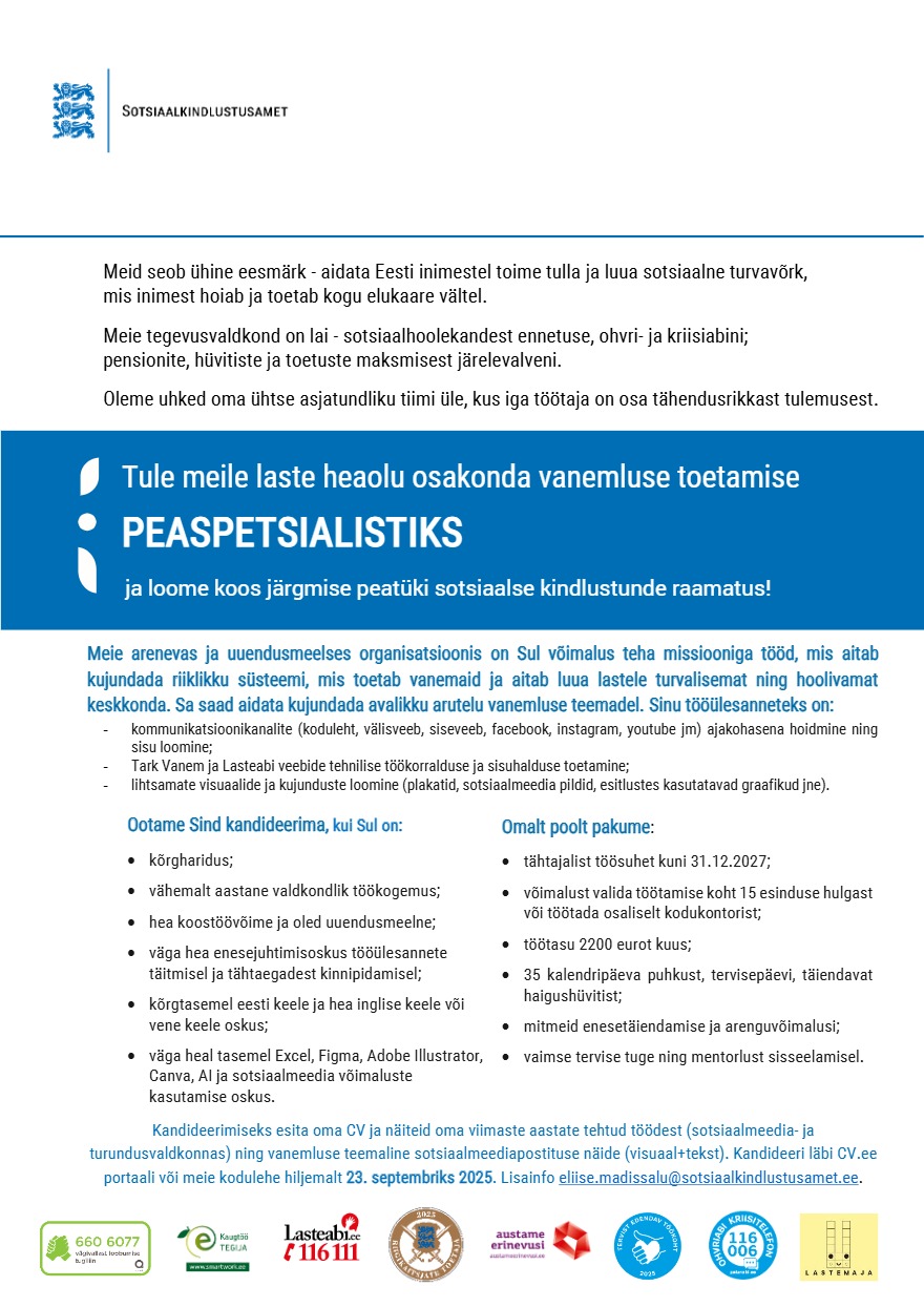 Tööpakkumise Vanemluse toetamise peaspetsialist kirjeldus