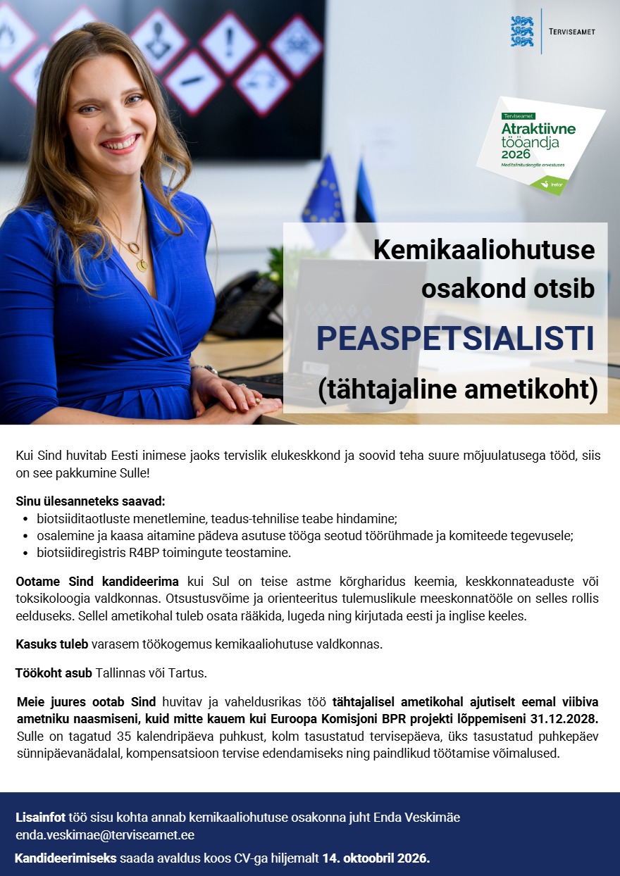 Tööpakkumise Kemikaaliohutuse osakonna peaspetsialist kirjeldus