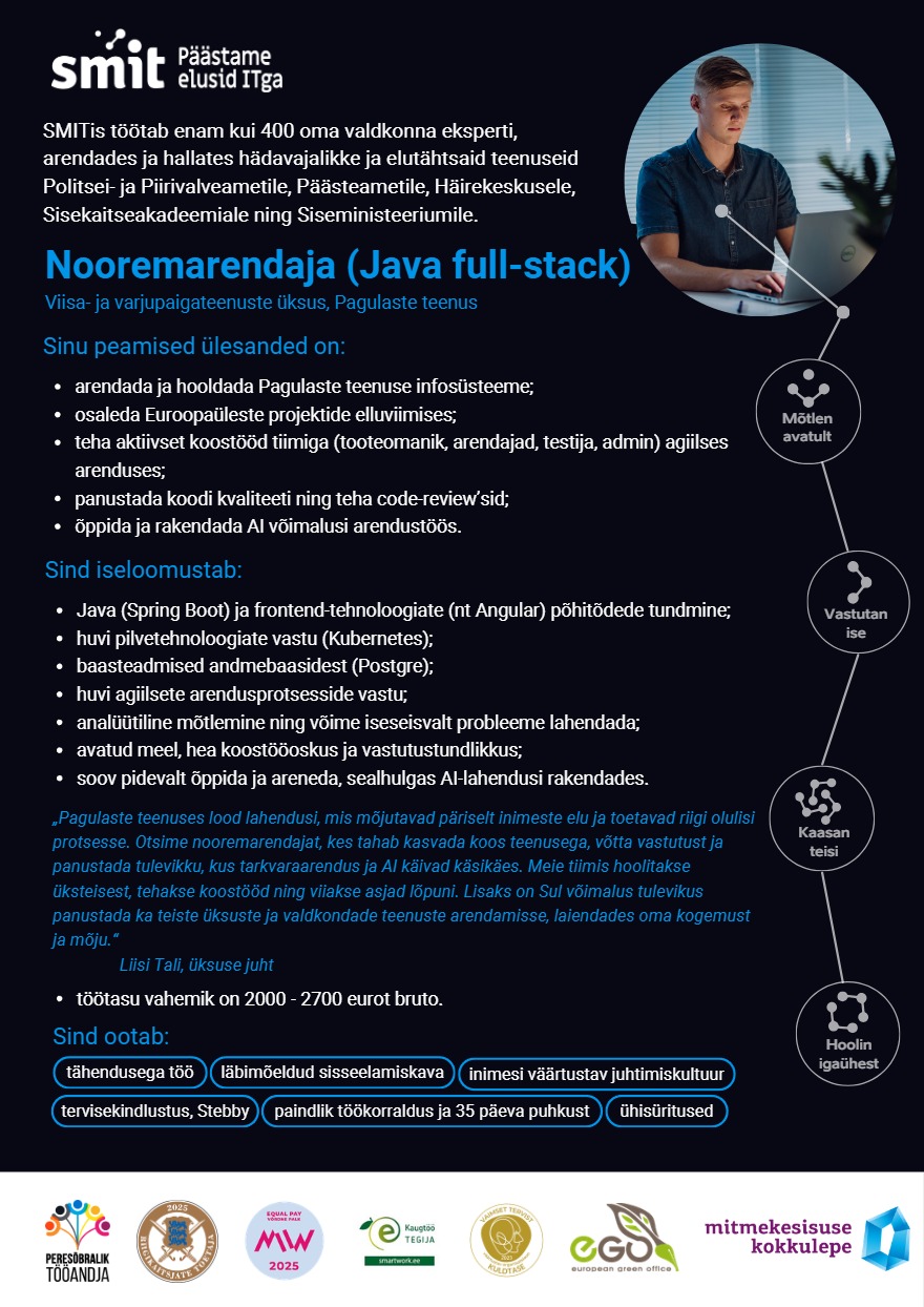 Tööpakkumise Java Full Stack nooremarendaja kirjeldus
