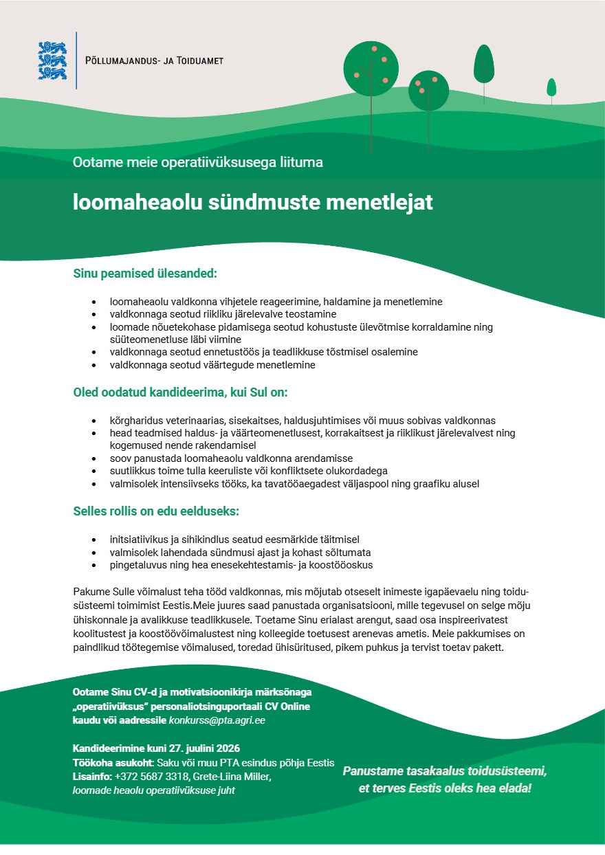 Tööpakkumise Loomade heaolu operatiivüksuse menetleja kirjeldus