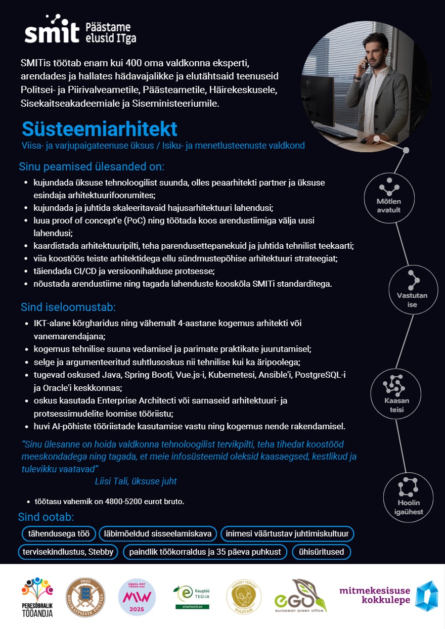 Tööpakkumise Süsteemiarhitekt kirjeldus