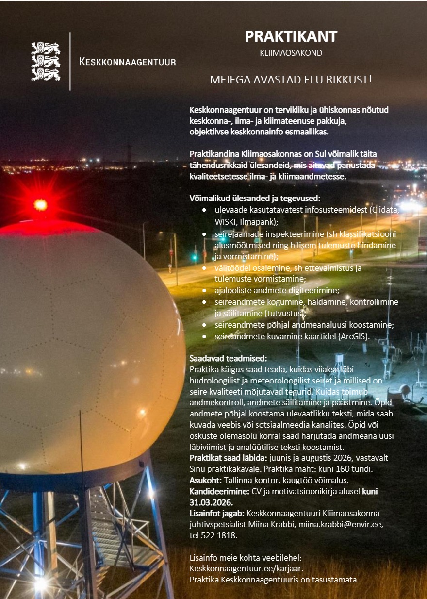 Tööpakkumise PRAKTIKANT (Kliimaosakond) kirjeldus